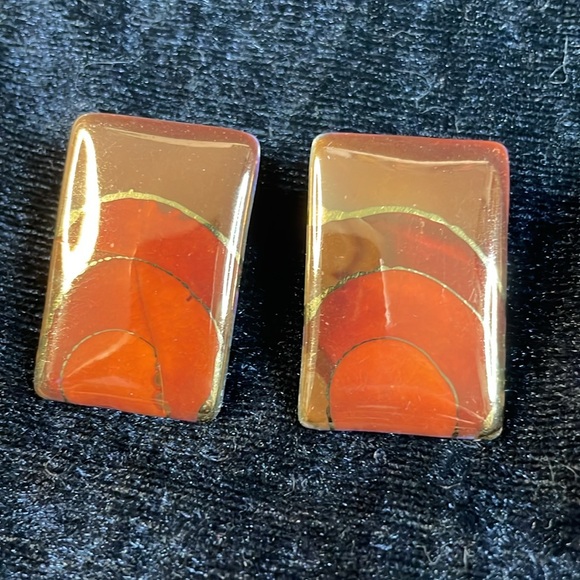 Vintage signed porcelain rectangle earrings - Picture 2 of 5